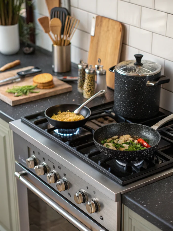Clean stove sparkling utensils arranged artfully, professional food photography shot, soft shadows.
