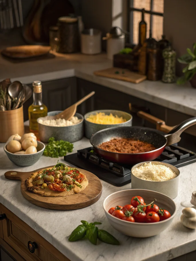 Cooking methods showcased in a vibrant kitchen scene with various ingredients; pro food photography of different cooking techniques.