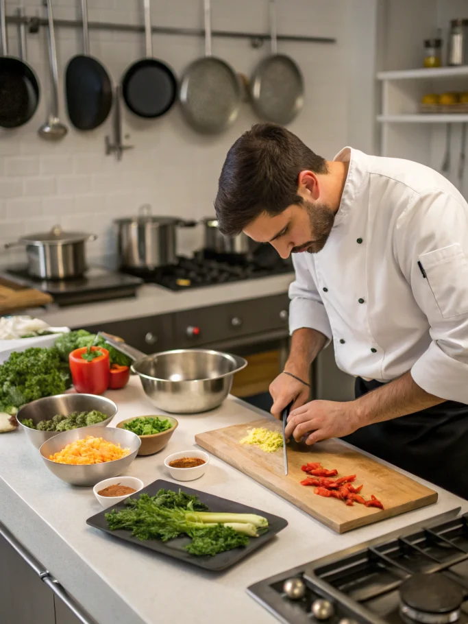 Cooking techniques guide: sautéing vegetables in pan, vibrant colors, dynamic action shot.