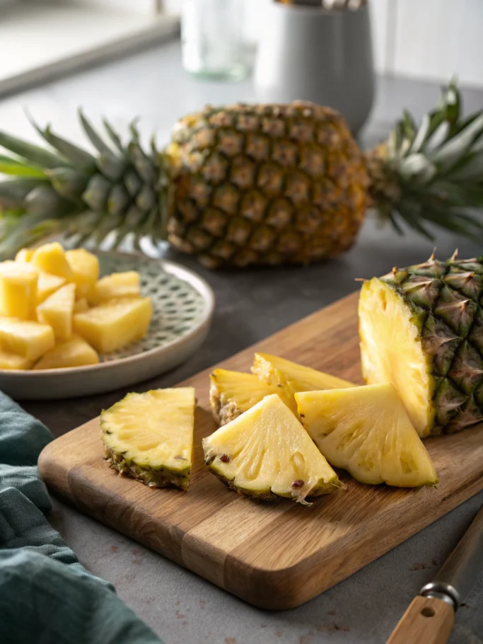 Cut pineapple recipe: Vibrant sliced pineapple pieces on wood surface, kitchen scene photography.