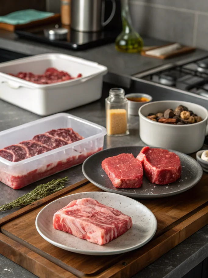Defrost meat: Beef, chicken, pork on counter awaiting thawing techniques. Styled kitchen scene with various thawing methods.