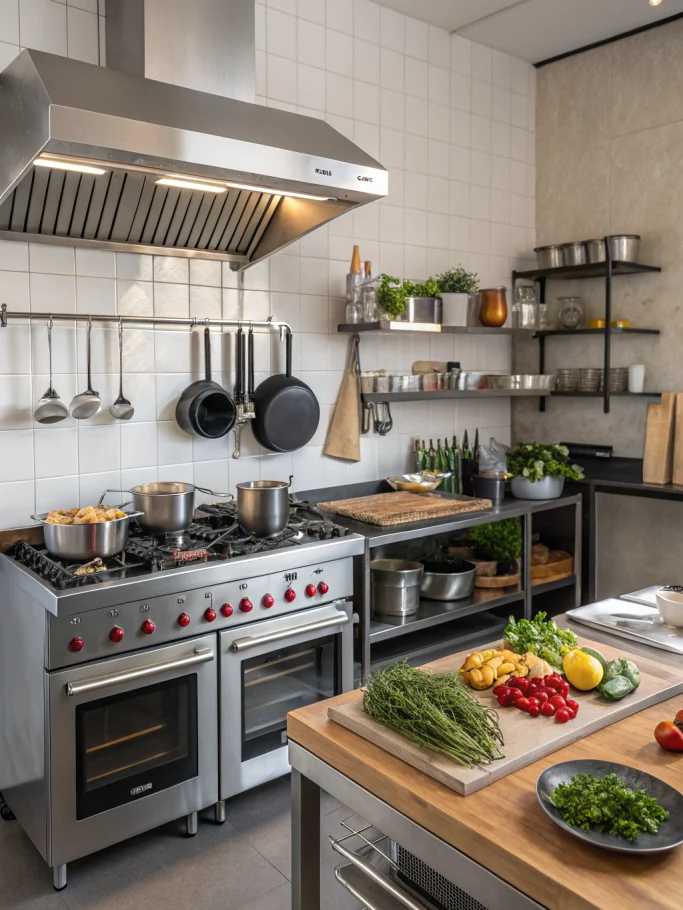 Cooking equipment: pots, pans, utensils artfully arranged - a visual feast for the culinary enthusiast