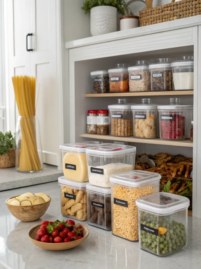 Food storage jars and containers, organized pantry shot of clear labeled jars with grains and spices, neat arrangement.