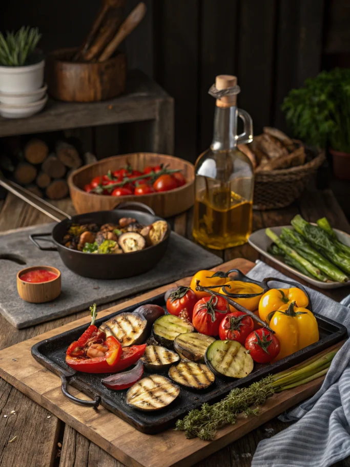 Grill vegetables dish featuring grilled peppers, zucchini, and eggplant on rustic wooden table with vibrant colors.