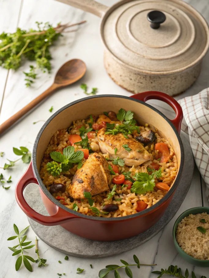 One-pot meal ideas featuring colorful chicken and rice dish with fresh herbs in Dutch oven, overhead view