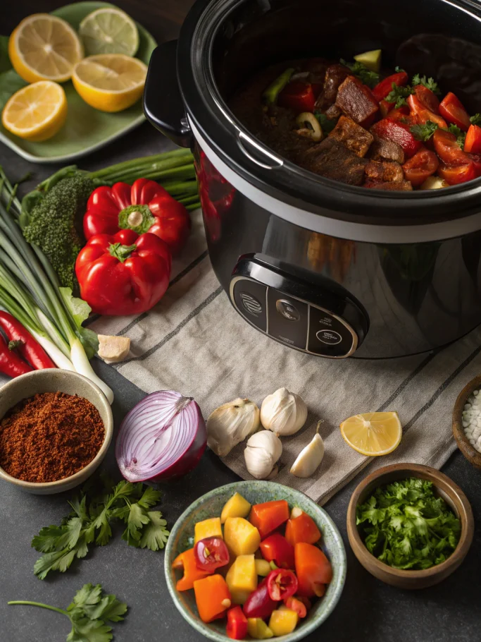 Slow cooker meal prep ingredients beautifully arranged around steaming crockpot with fresh vegetables and seasoned meats