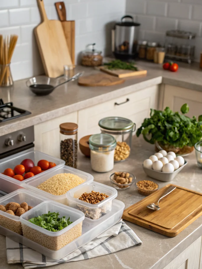 Kitchen hacks with eggs and vegetables, stunning kitchen scene showcasing organization tips in cinematic lighting.
