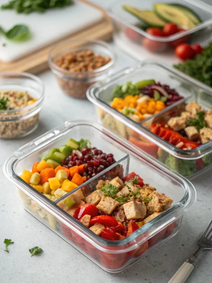 Batch cooking tips showcased through organized meal prep containers with colorful, portioned meals ready for the week