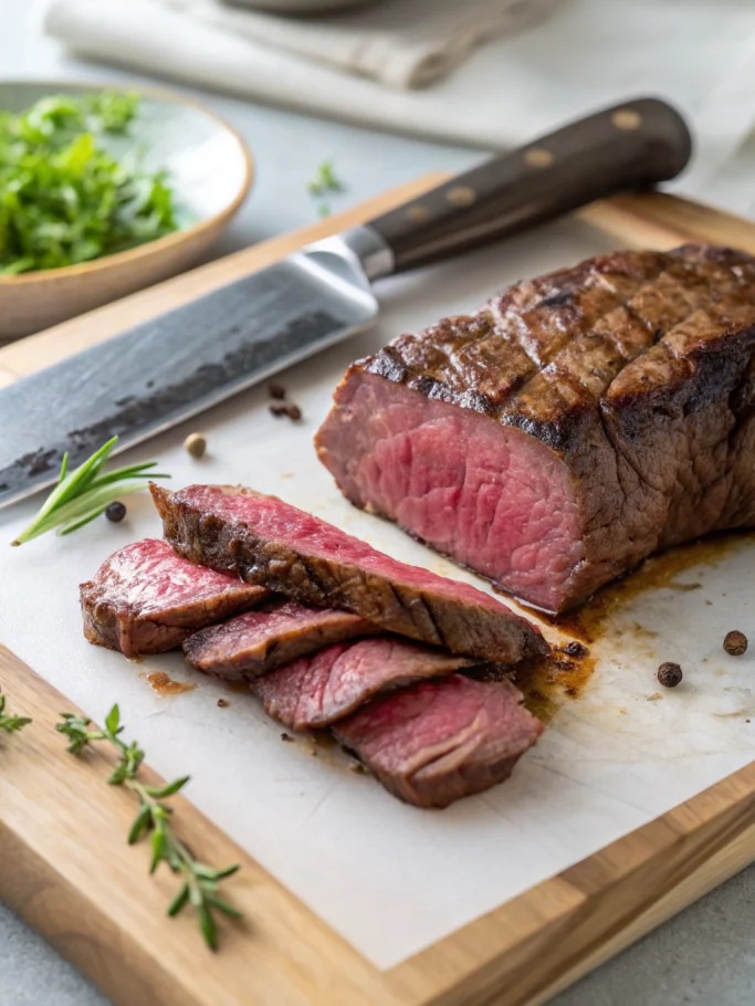 Sous-vide cooking: perfectly cooked medium-rare steak being sliced with immersion circulator and water bath in background