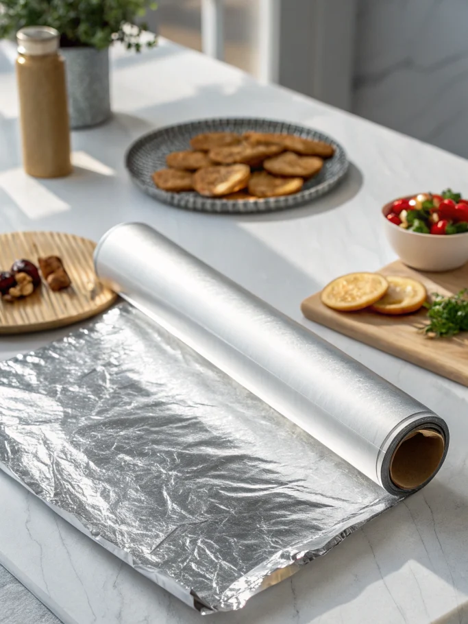 Aluminum foil roll with dramatic lighting highlighting metallic surface texture and professional kitchen setting