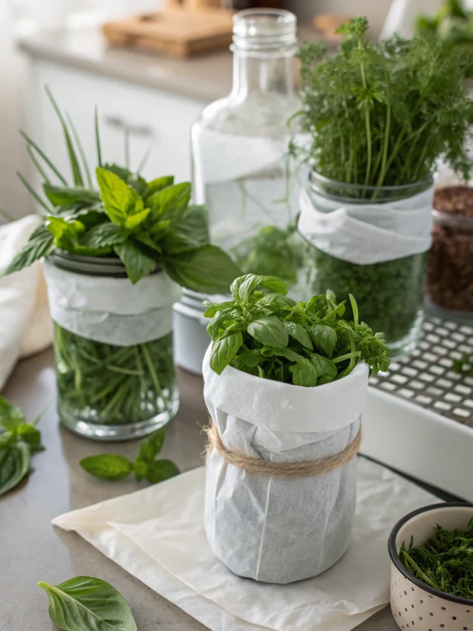 Fresh herb storage methods showing various herbs in glass jars, wrapped bundles, and specialized containers for maximum freshness