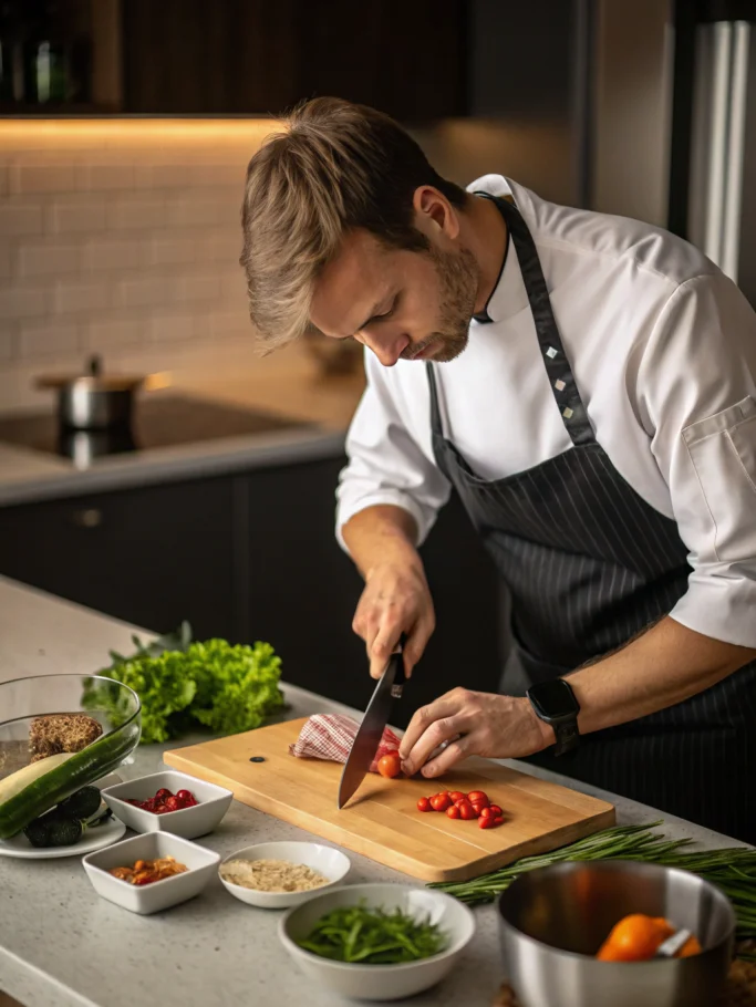 Knife skills tutorial showcasing diced onions and sliced bell peppers in a cinematic kitchen scene with soft shadows.