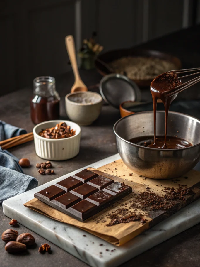 Melt chocolate recipe with melting chocolate chunks, cinematic lighting, high-end kitchen scene