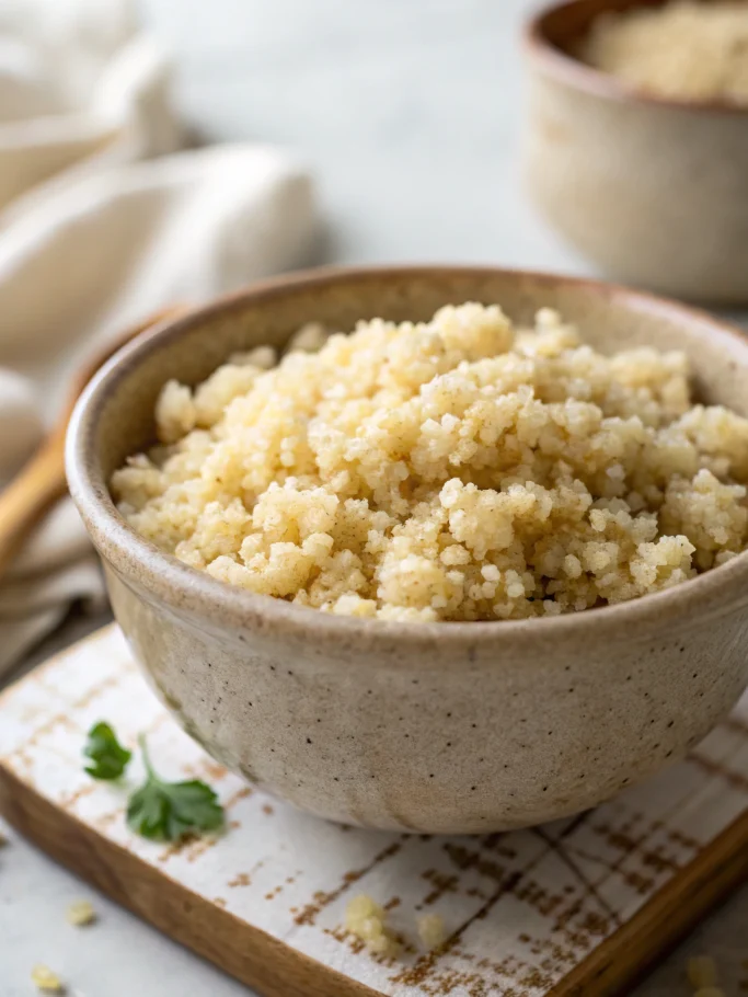 Cook quinoa perfectly with fluffy, separate grains shown in an artisanal bowl with natural lighting and garnish