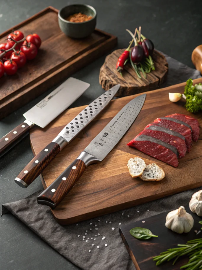 Sharpen Knives: Professional photo of dull to razor-sharp knives, blades, steel on wood countertop in dramatic lighting, showcasing knife sharpening process.