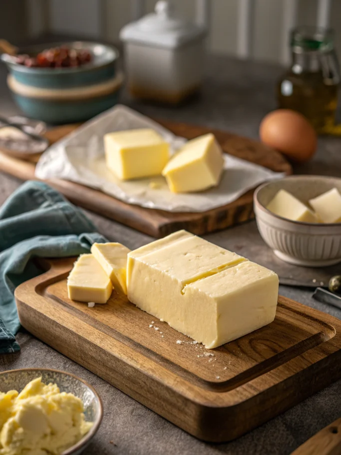 Soften butter for baking – golden butter melting in rustic kitchen scene, cinematic lighting, perfect for softened butter recipes