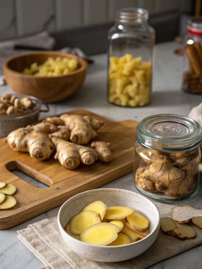 Store ginger methods: Professional photo showcasing vibrant ginger roots, peeled and cut into pieces, capturing storage techniques.